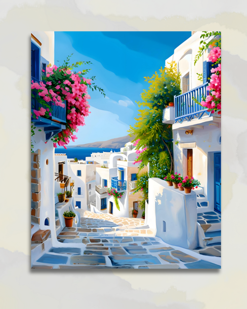 Ruelle de Mykonos aux Bougainvilliers